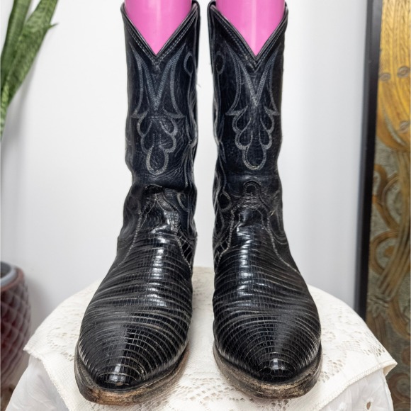 Black Lizard Leather Western Boots Snip Toe Dan Postβ Y2K Cowboy 7.5 - Picture 4 of 9